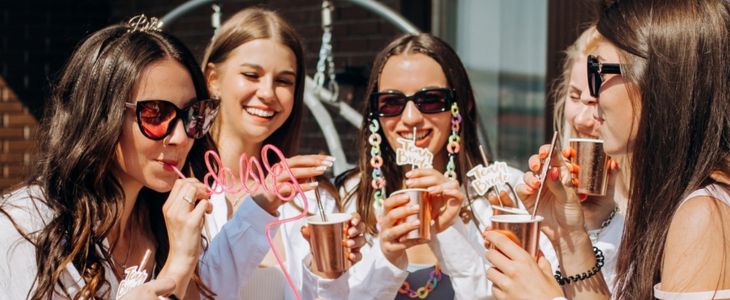 bride-to-be and bridesmaids at a bachelorette party