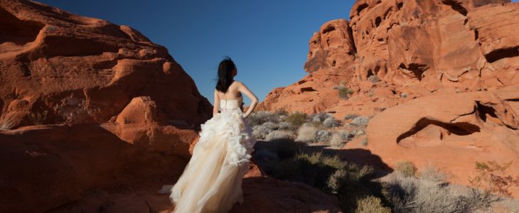 bride in a wedding dress at a canyon near las vegas