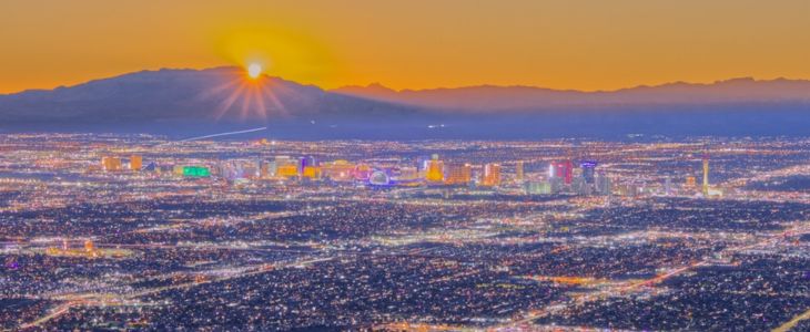 A view of the Las Vegas skyline at sunset.